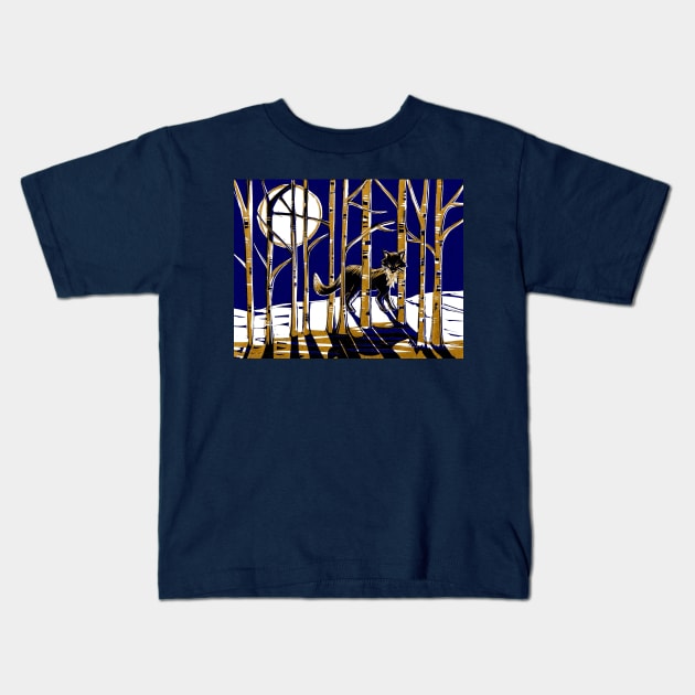 Fox in Moonlit Forest Linocut in blue and gold Kids T-Shirt by Maddybennettart